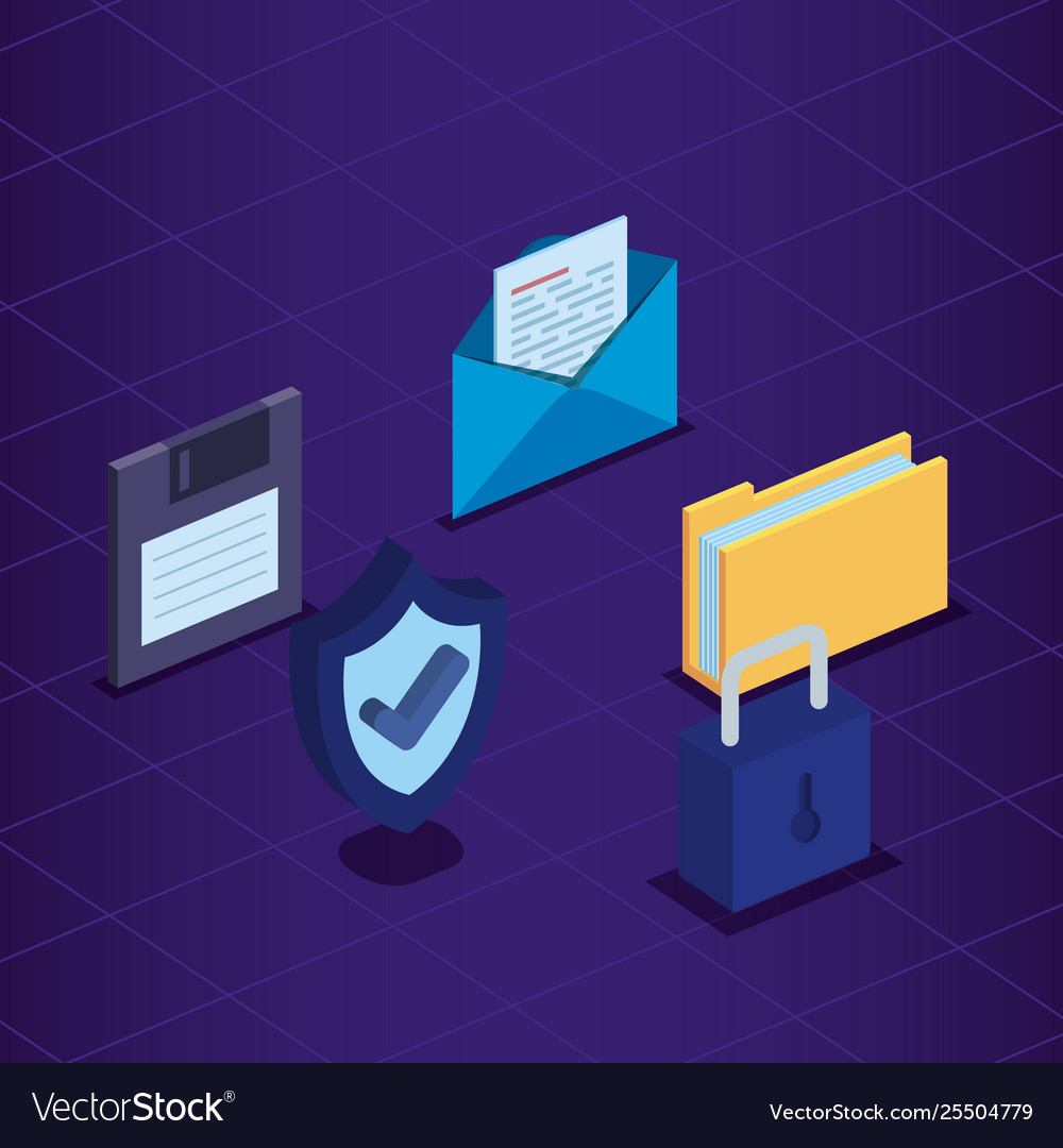 Padlock and shield security with diskette vector image Padlock and shield security with diskette