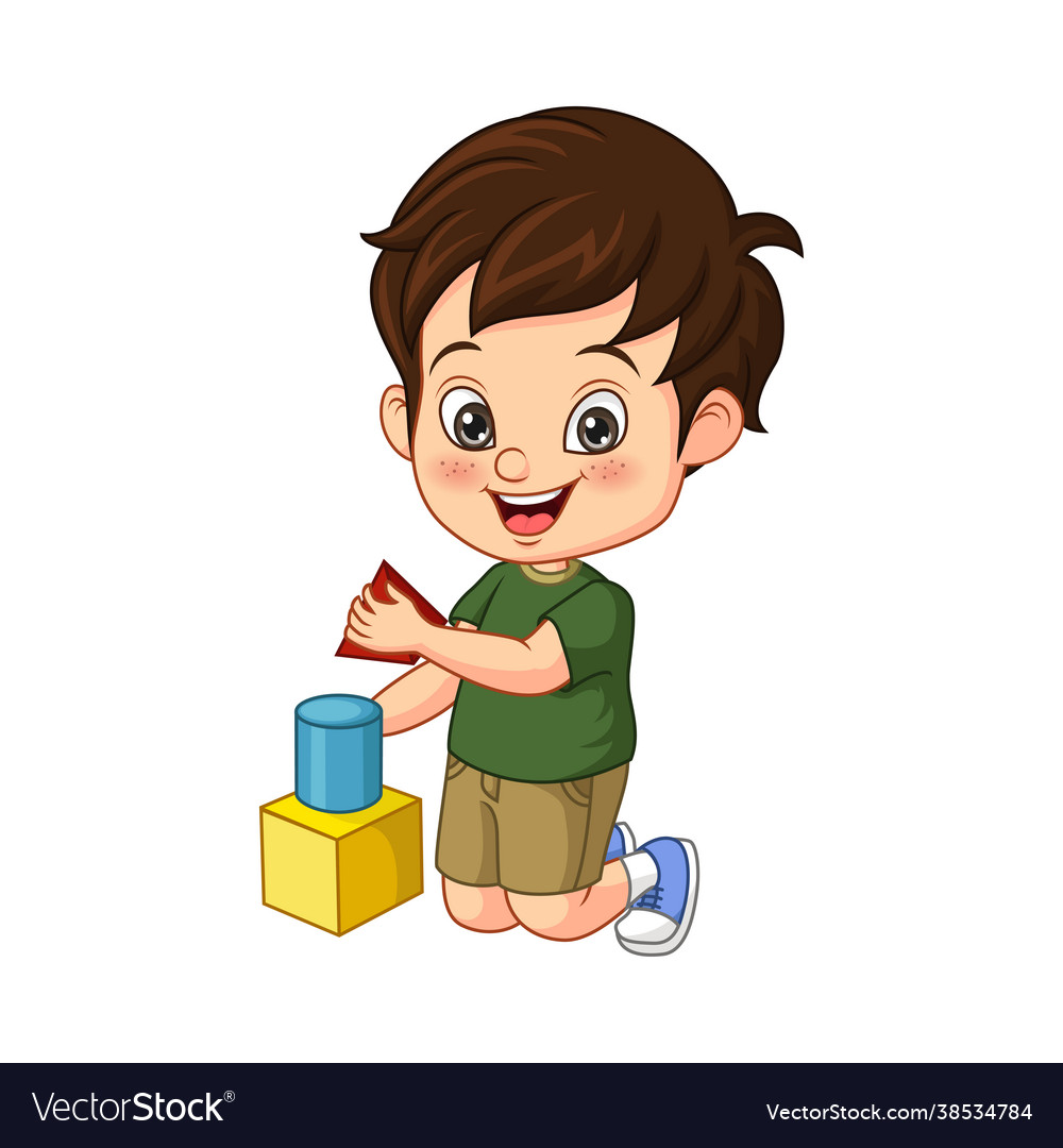 Cartoon little boy playing with cubes Royalty Free Vector