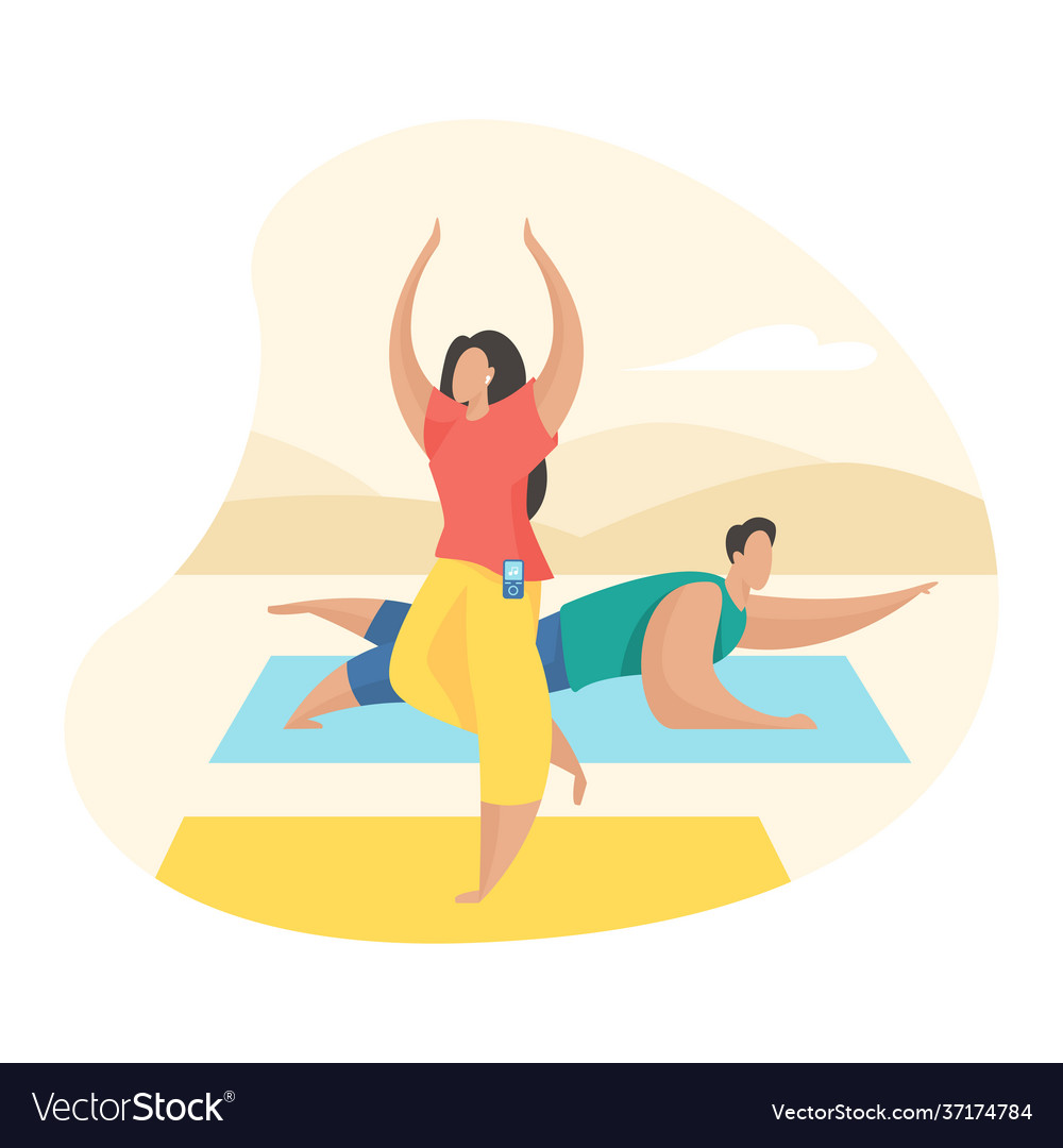 Couple doing yoga exercises outdoor sport healthy vector image Couple doing yoga exercises outdoor sport healthy