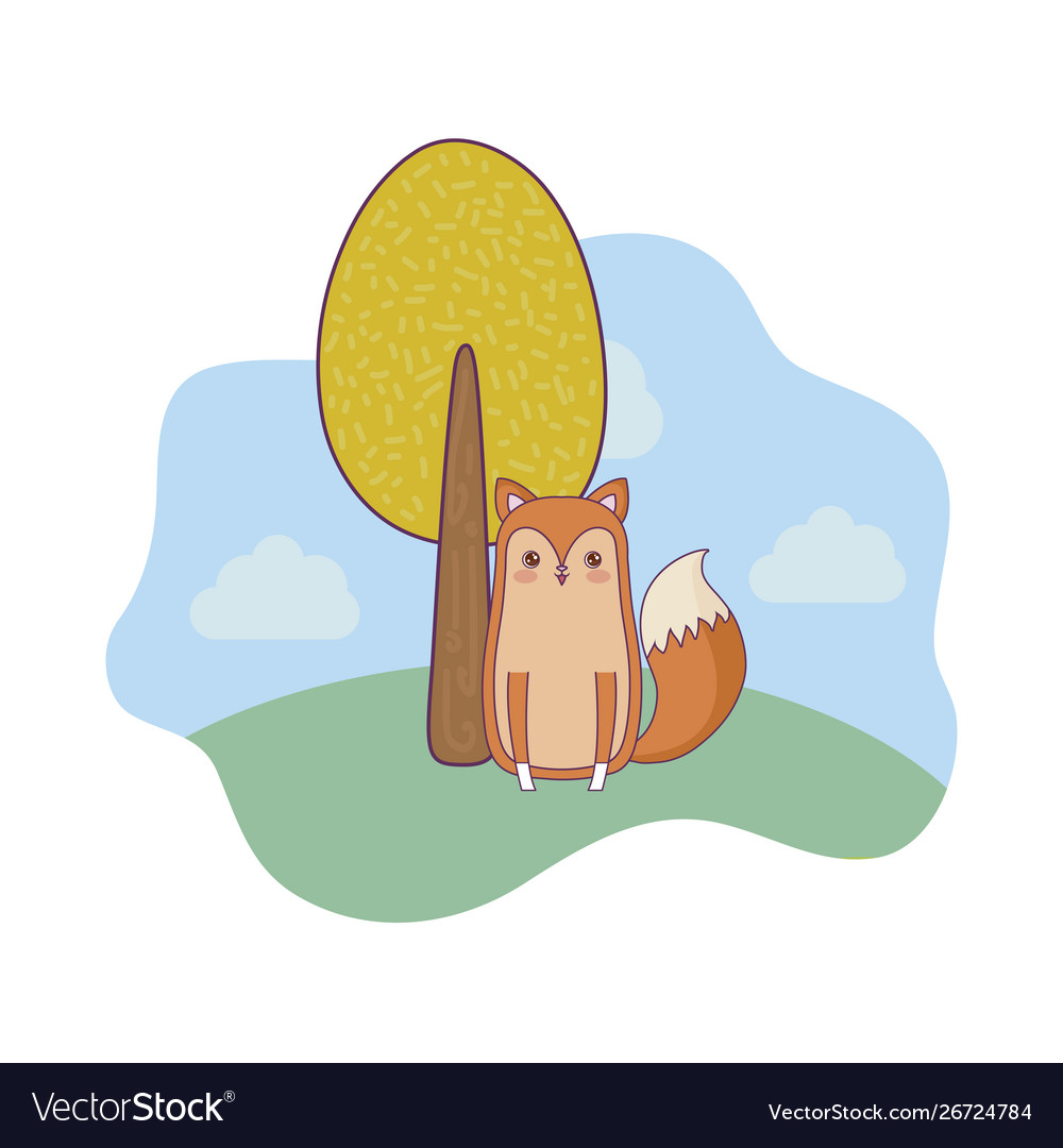 Cute fox animal with tree plant