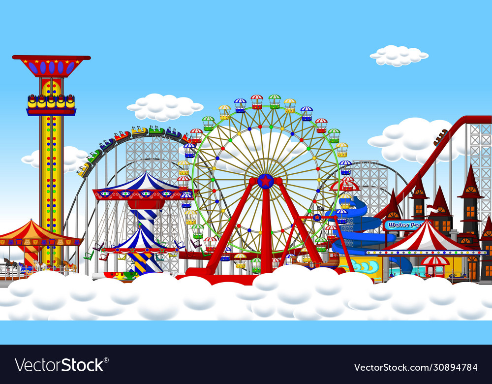 Lustiger Spielplatz auf Topwolke mit Ferris vector image Lustiger Spielplatz auf Topwolke mit Ferris