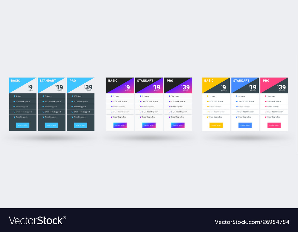 Pricing table color variations plans