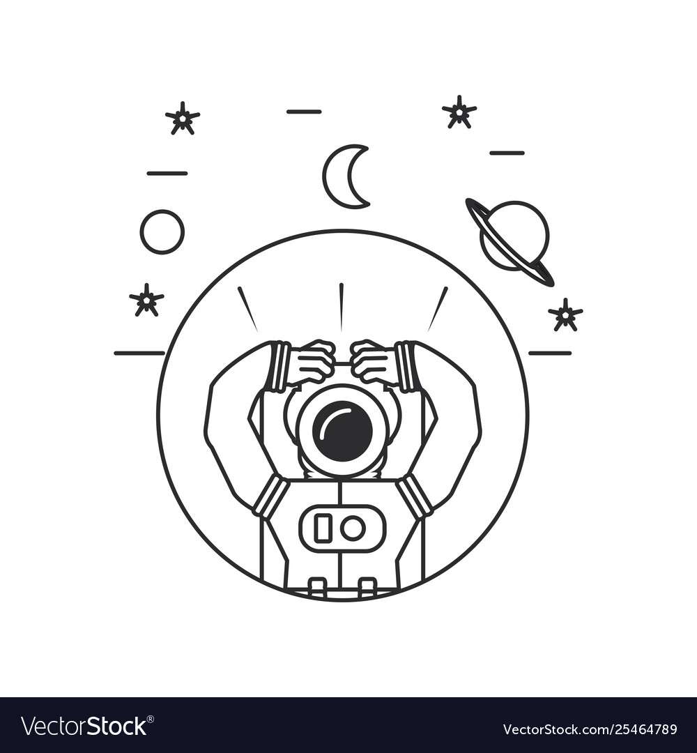 Astronaut suit in frame circular with set icons