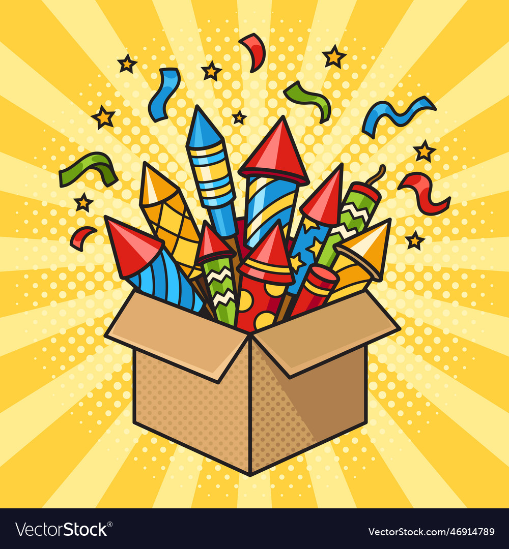 Box with fireworks pop art Royalty Free Vector Image