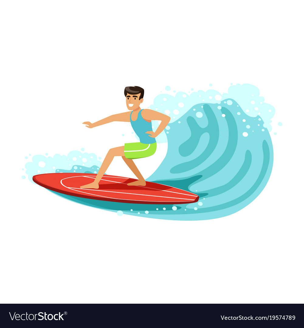 Cheerful male surfer riding a big wave water Vector Image