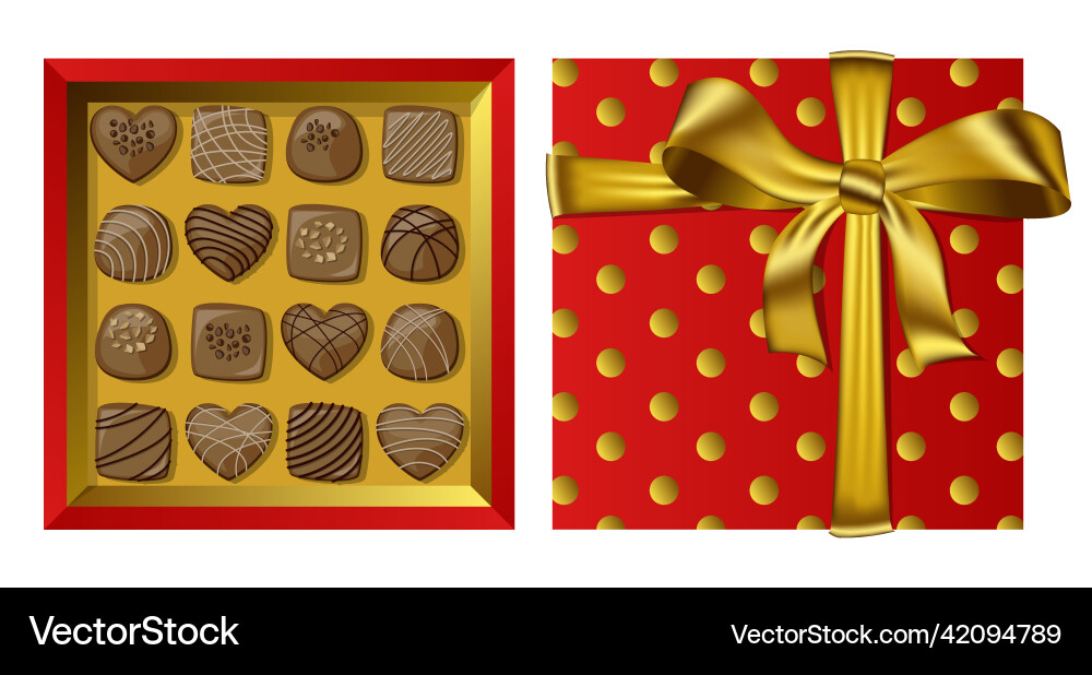 Red gift open square box with golden ribbon Vector Image