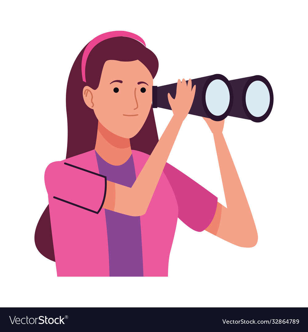 Young Tourist Woman Using Binoculars Character Vector Image