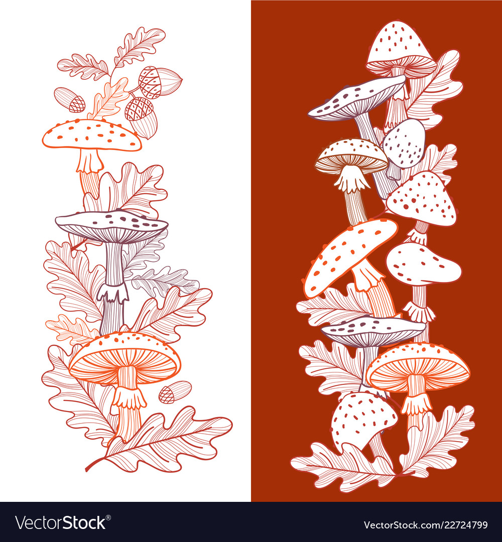 Autumn postcard of mushrooms fly agarics and oak vector image Autumn postcard of mushrooms fly agarics and oak