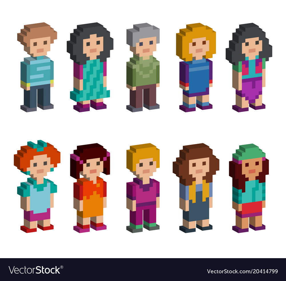 Set of funny pixel art style isometric characters