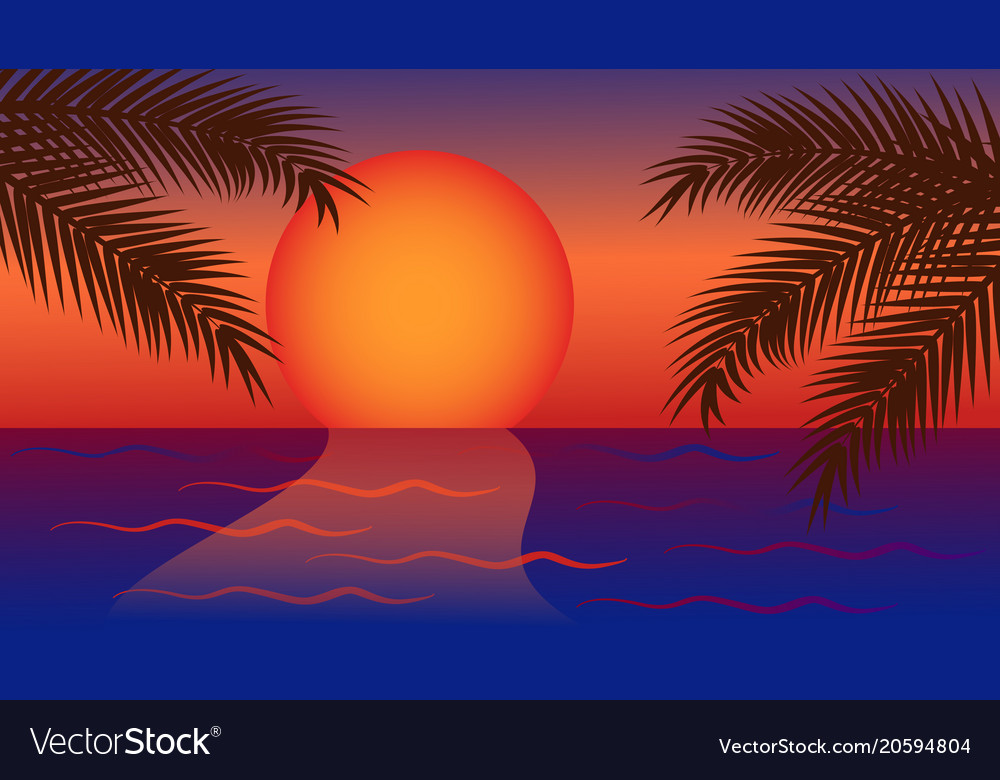 Red yellow sunset on the sea with palm tree