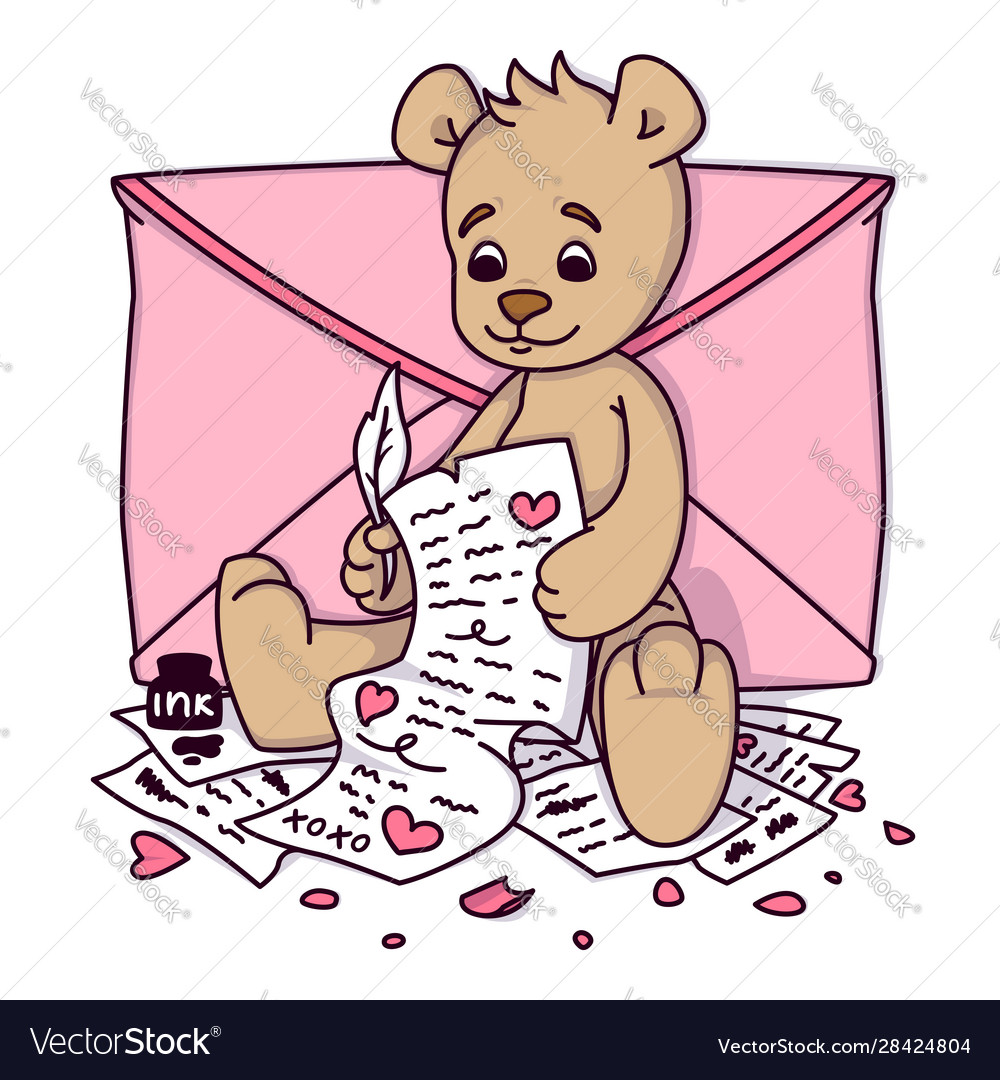 Teddy bear writes a love letter valentines day