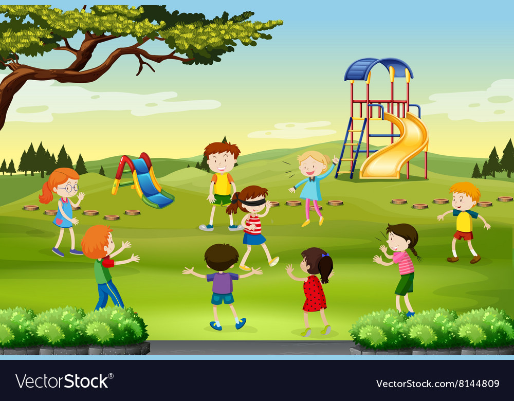 Children playing blind folded in the park Vector Image