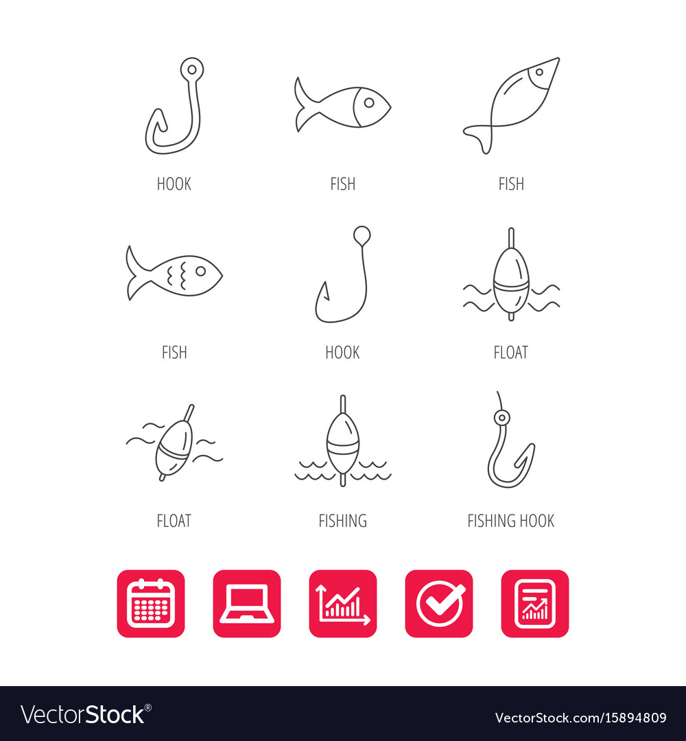 Fishing Hook And Float Icons Fish Waves Signs Vector Image