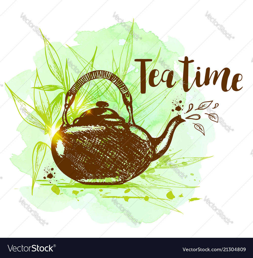 Teapot on a green watercolor background