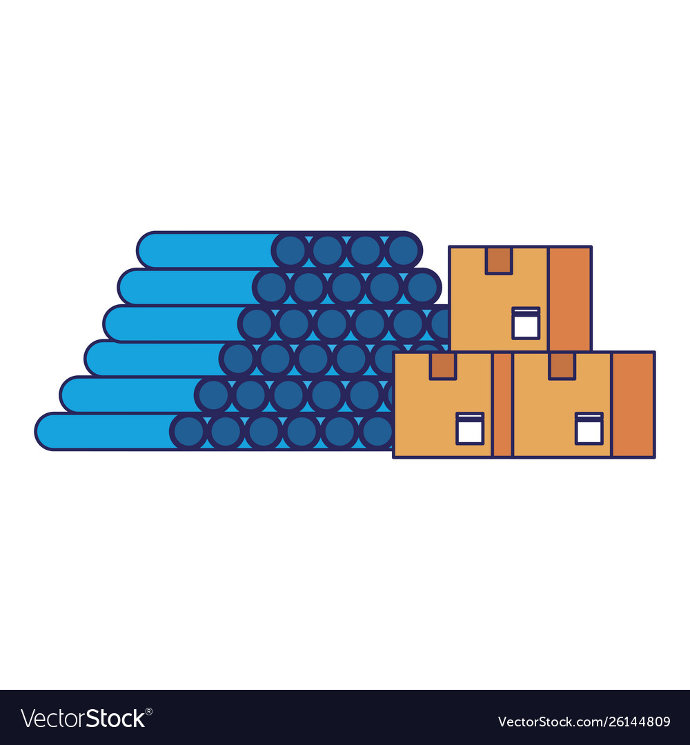 Warehouse pvc pipes and delivery boxes blue lines