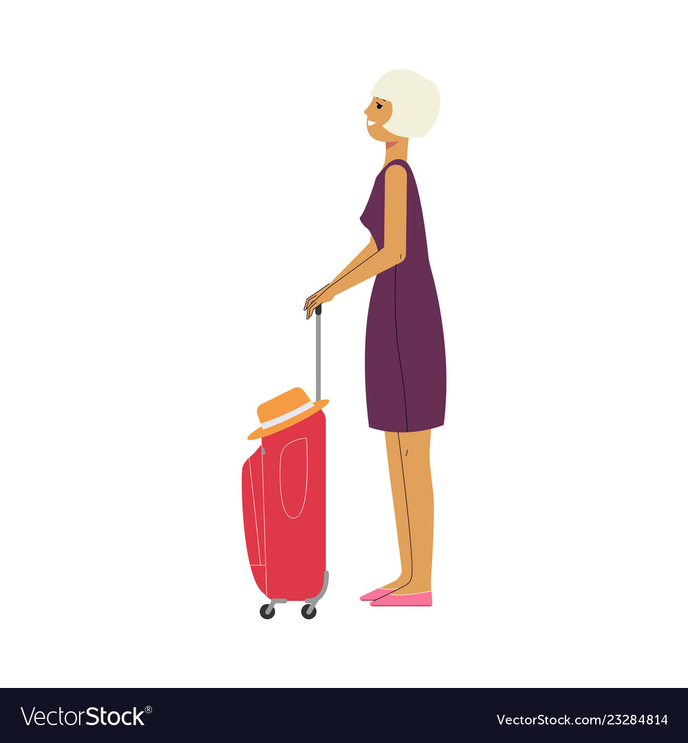 Flat woman tourist with travel bag suitcase