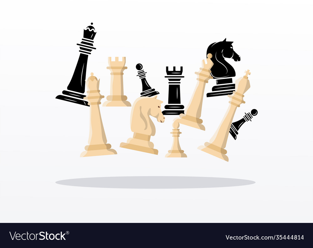 Group white and black chess pieces set icons