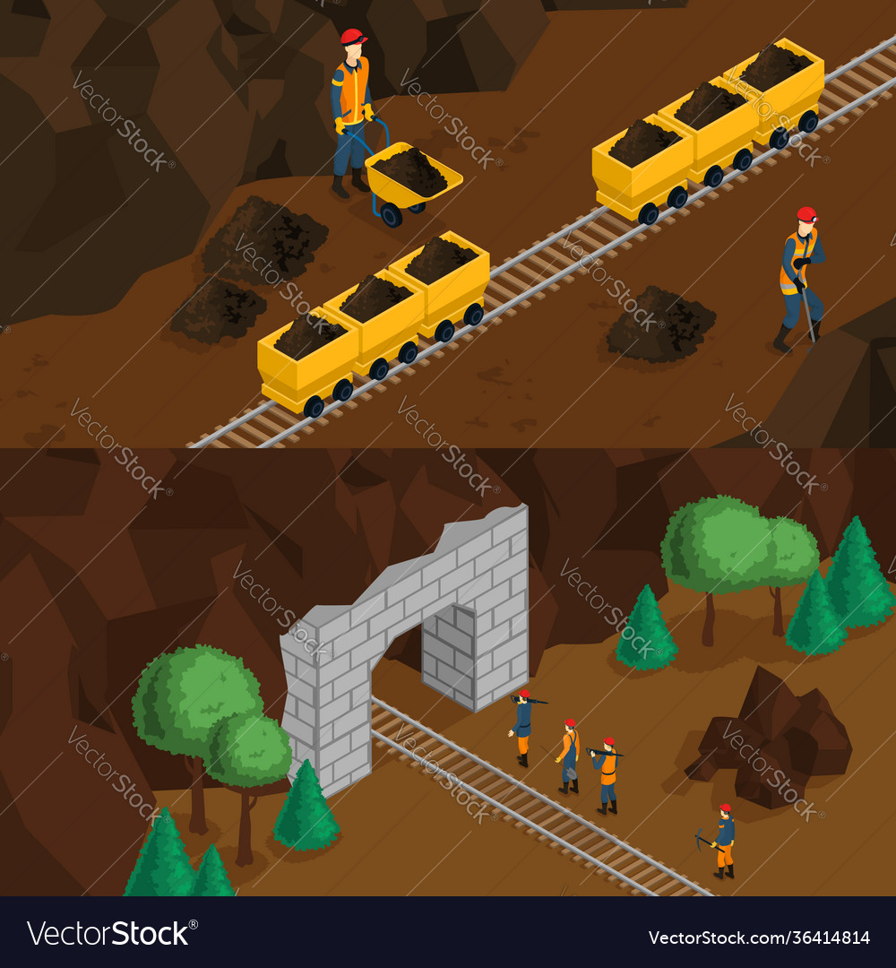Isometric miners horizontal banners vector image Isometric miners horizontal banners