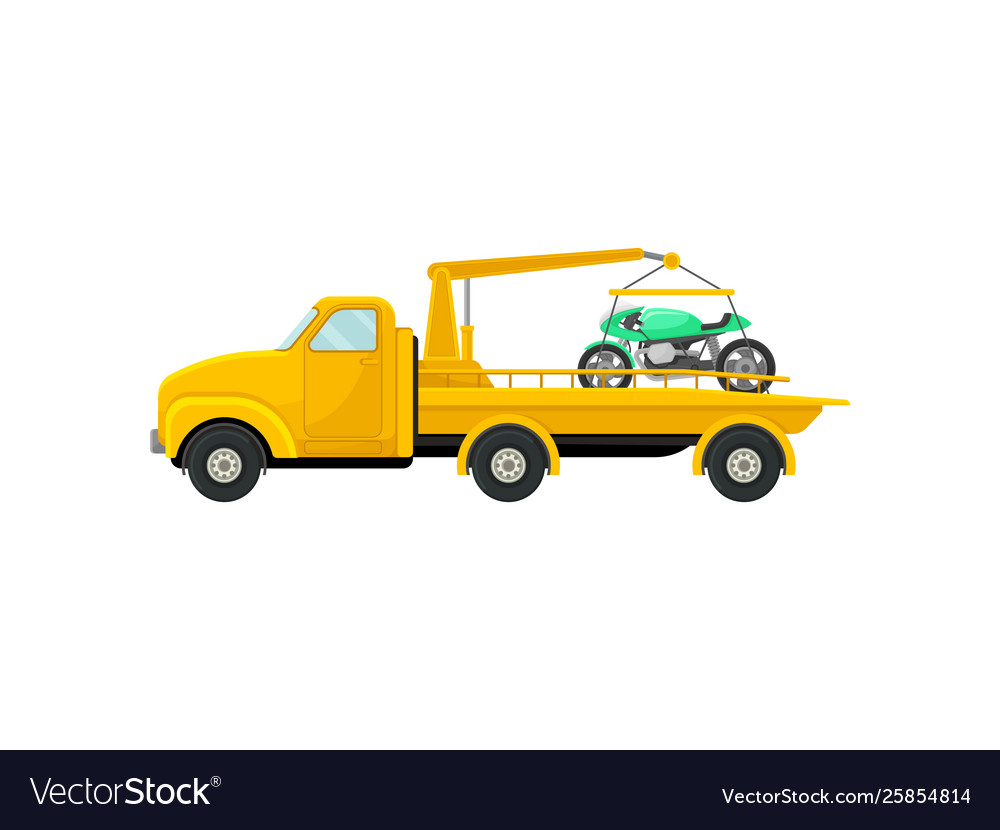 Tow truck with a motorcycle on platform vector image Tow truck with a motorcycle on platform