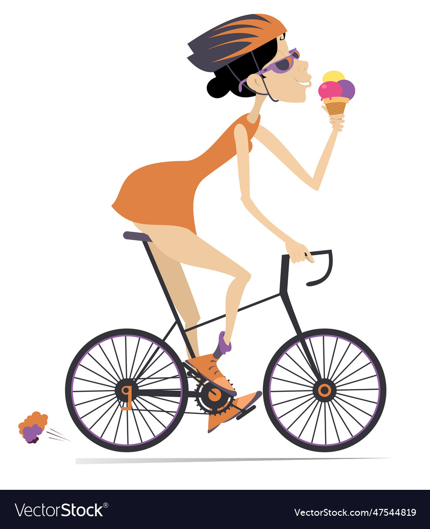 Cartoon cycling woman eating an ice cream