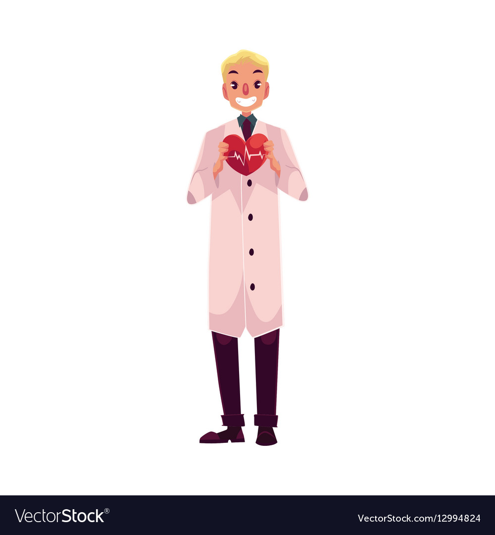 Male cardiac surgeon in lab coat holding heart