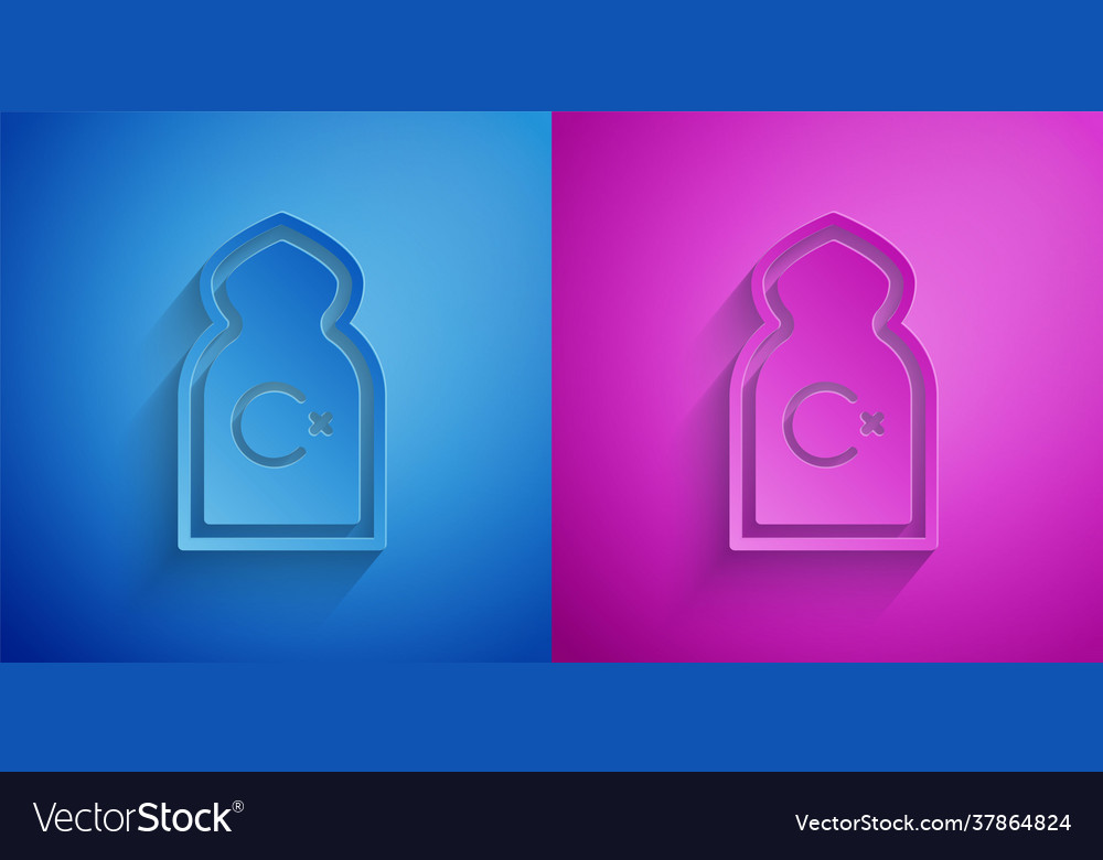 Paper cut muslim mosque icon isolated on blue