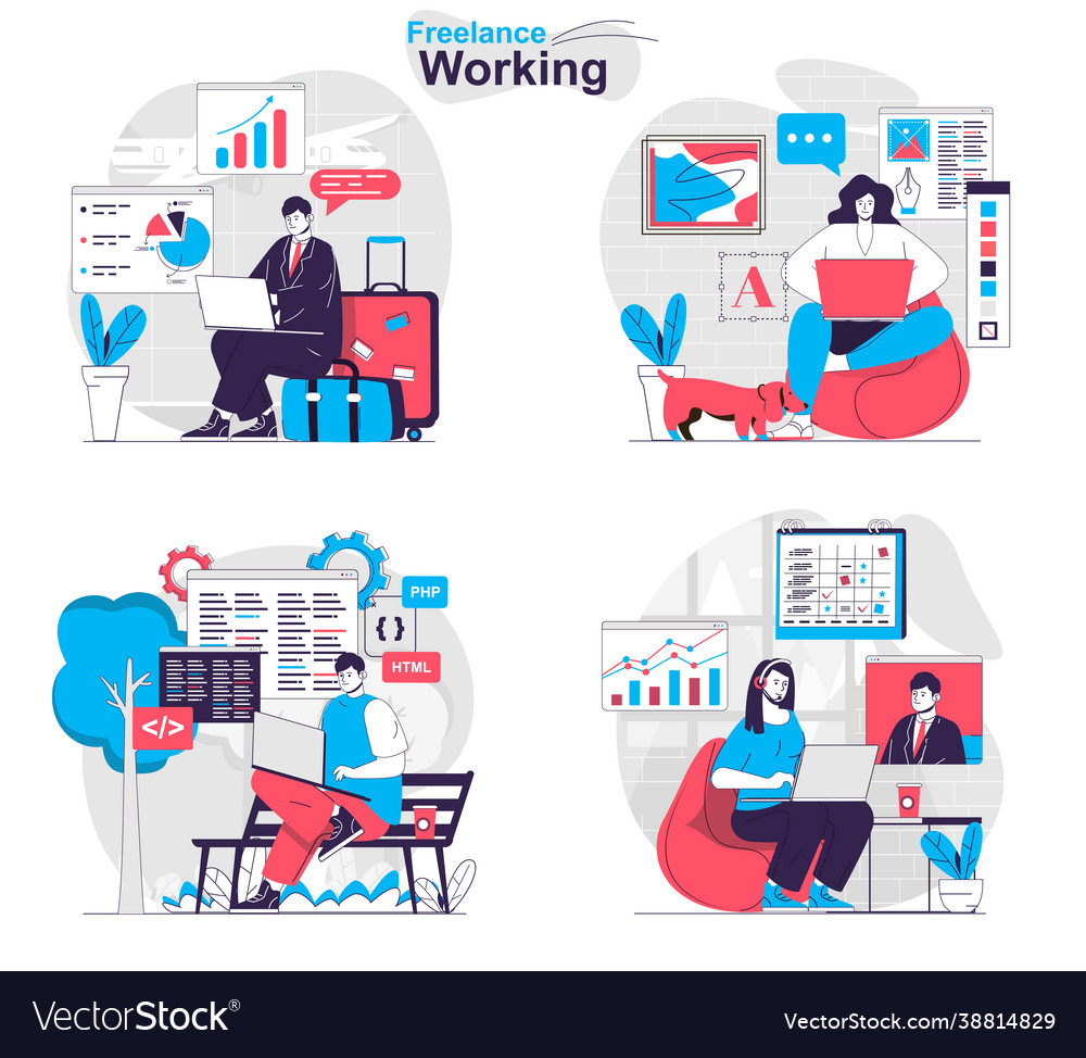 Freelance working concept set freelancers Vector Image