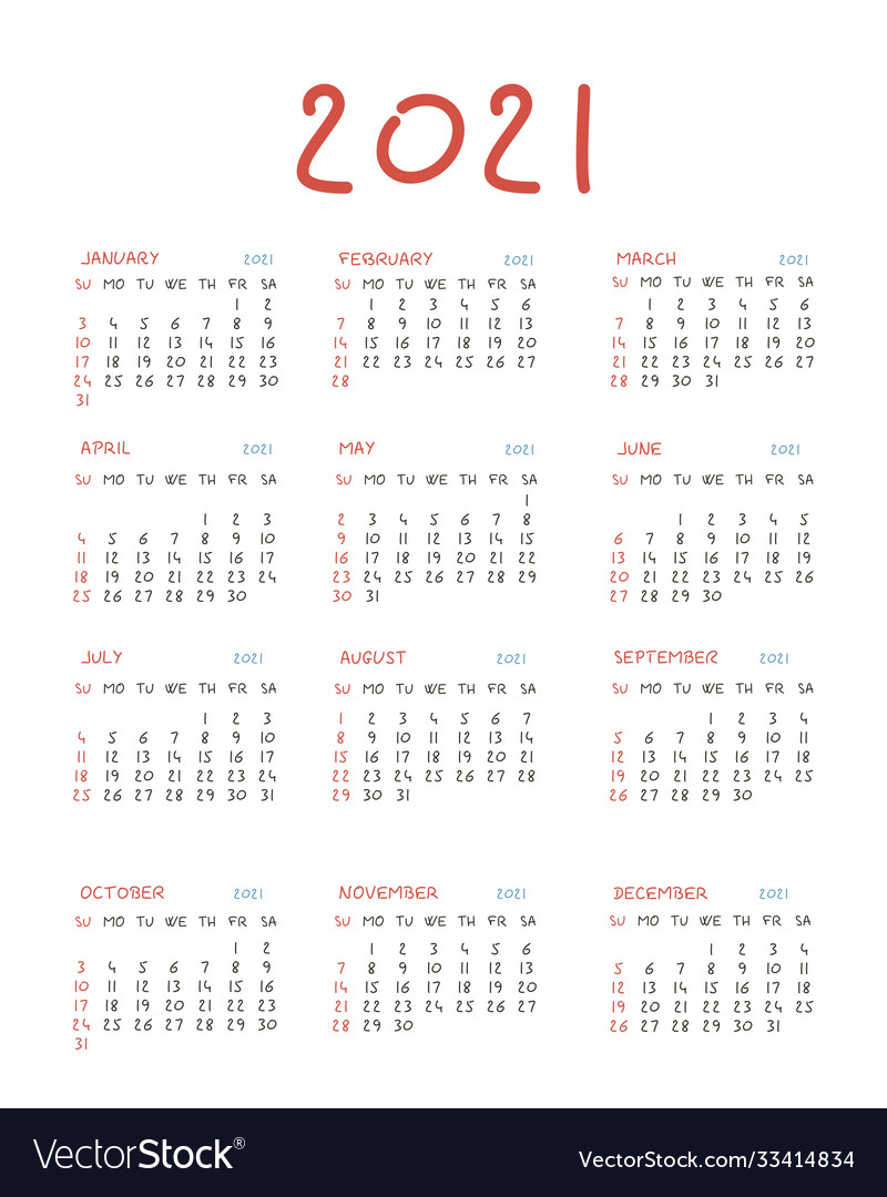 Calendar 2021 hand drawn week start sunday