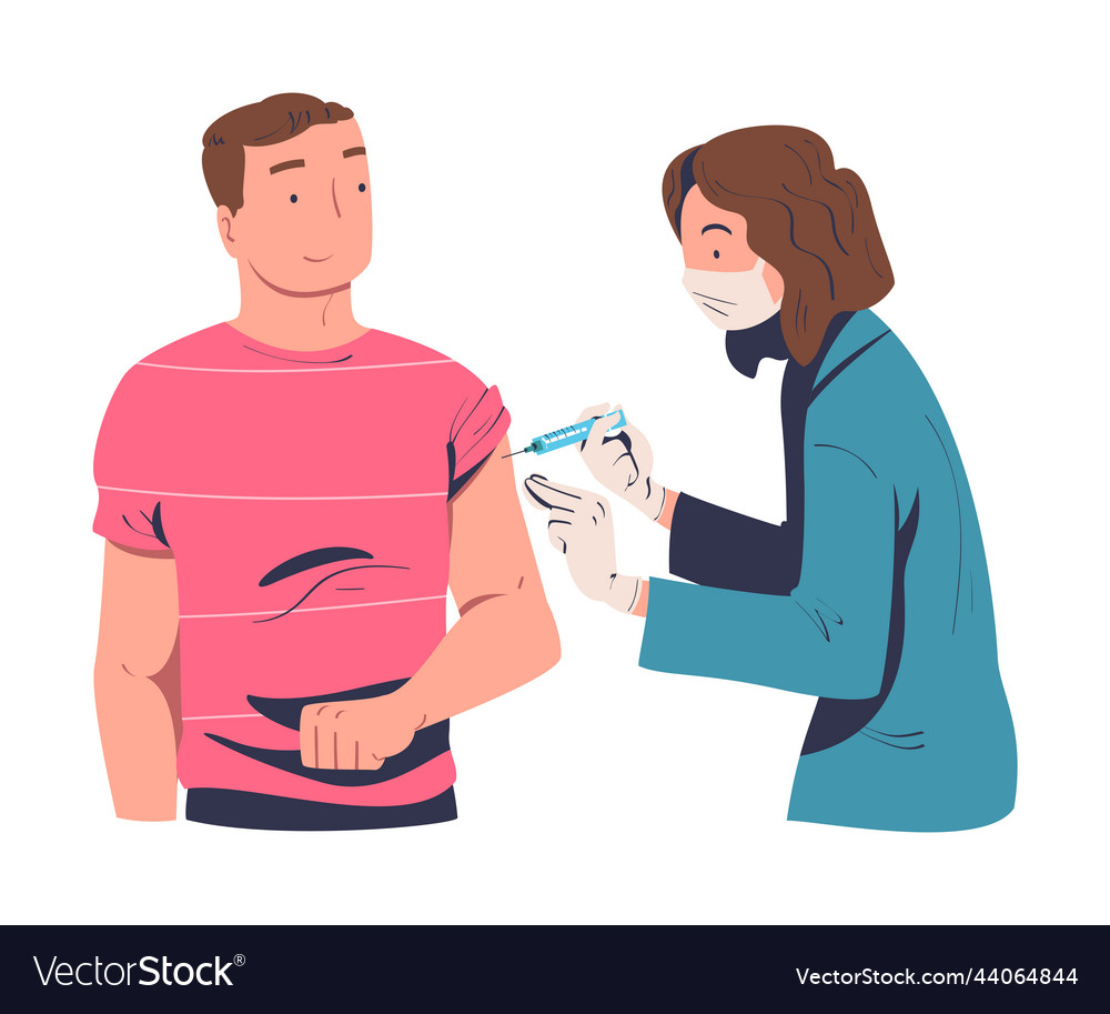 Vaccination with man character vaccinated in his Vector Image