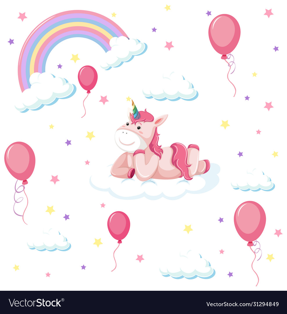 Set cute unicorn with rainbow and balloon