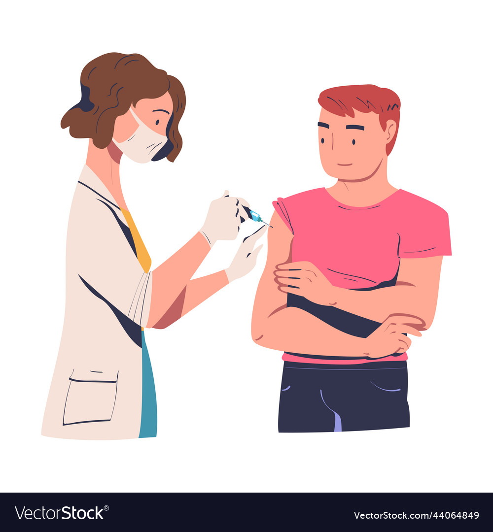 Vaccination with man character vaccinated in his Vector Image