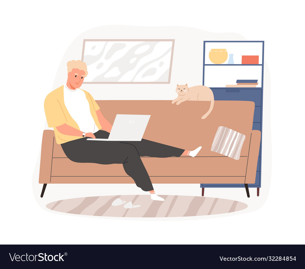 Freelancer guy sitting on couch working remotely