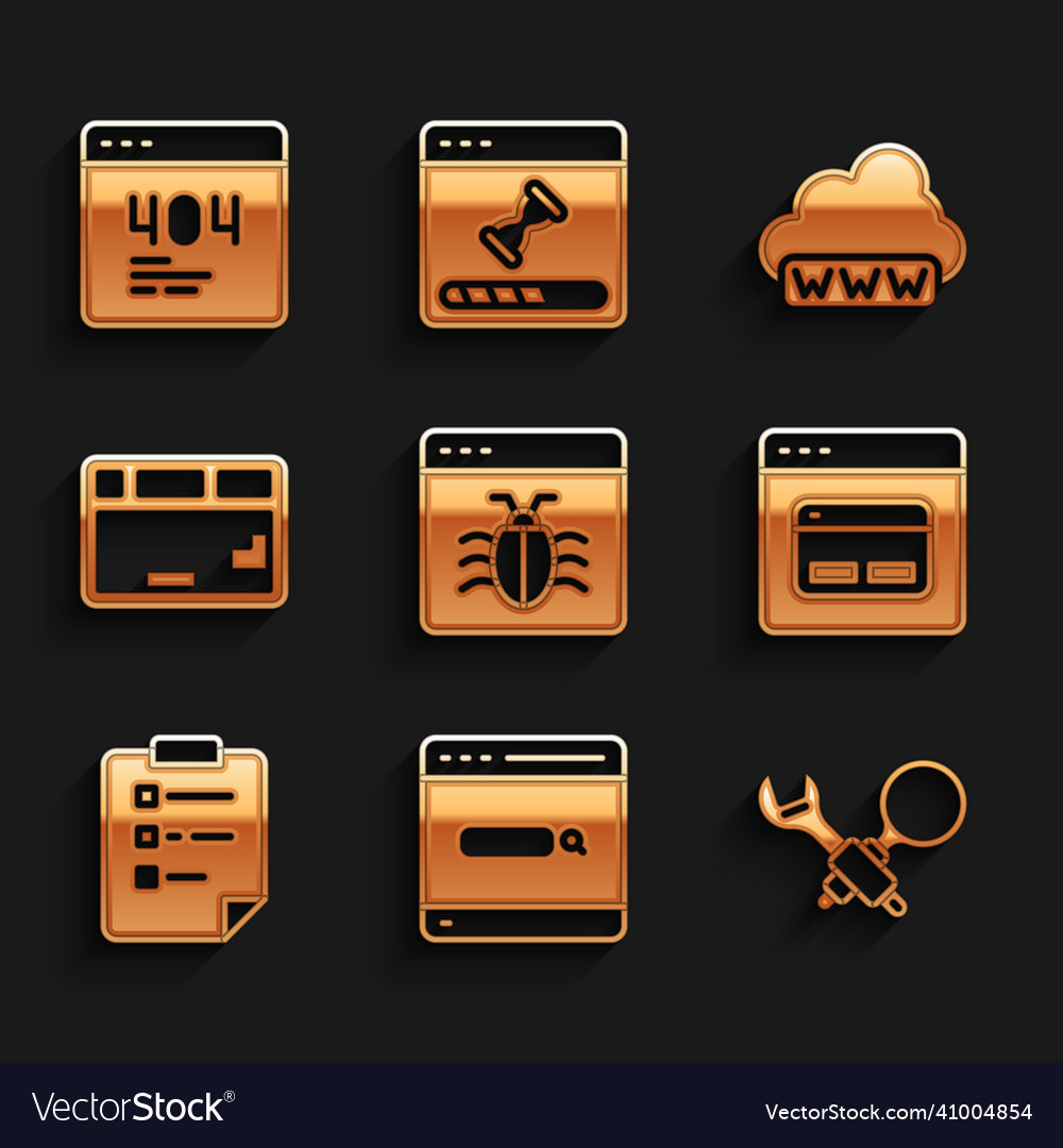 Set system bug search engine debugging vector image Set system bug search engine debugging