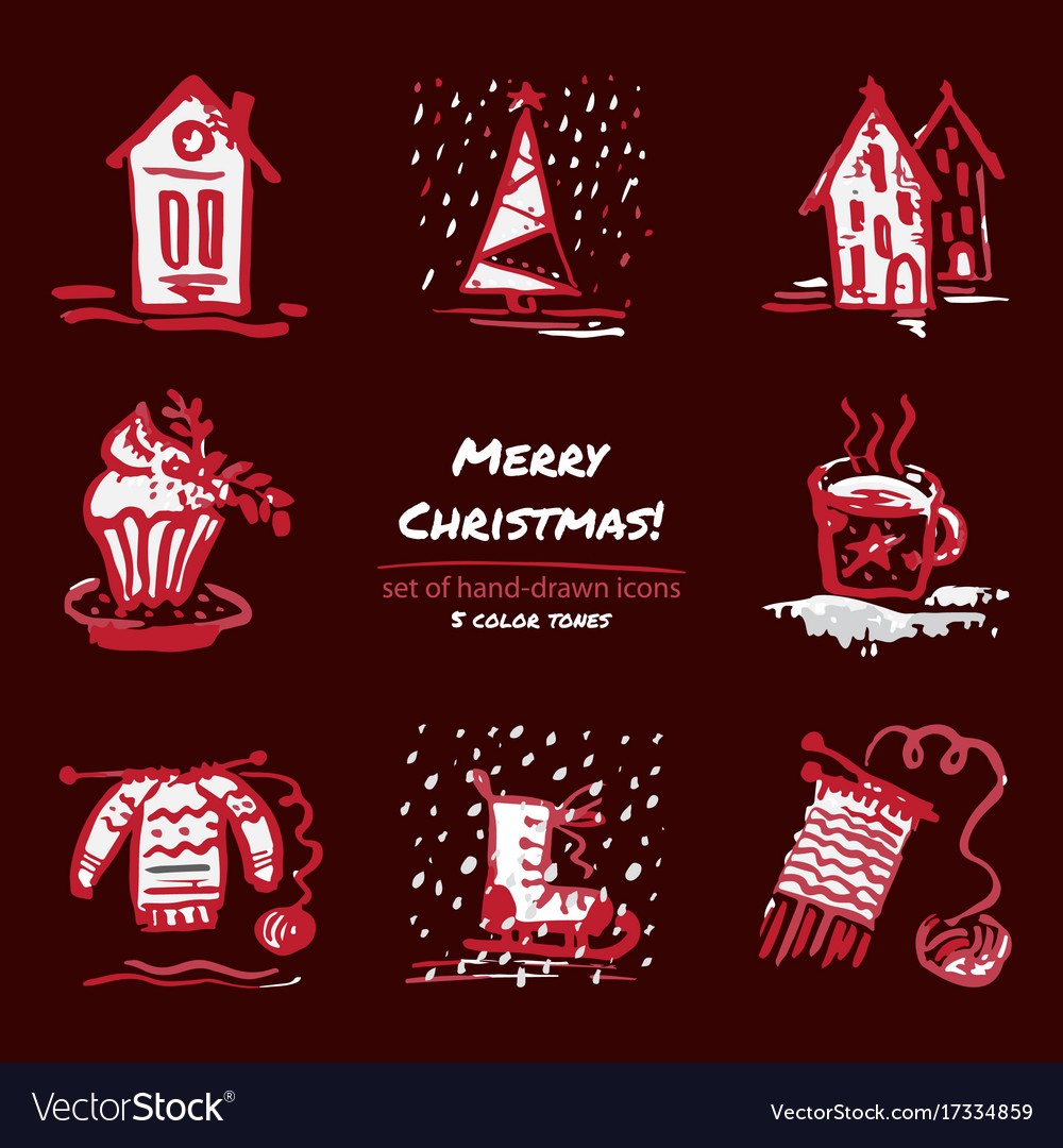 Weihnachtshand gezeichnete Skizzensymbole auf dunkelrot