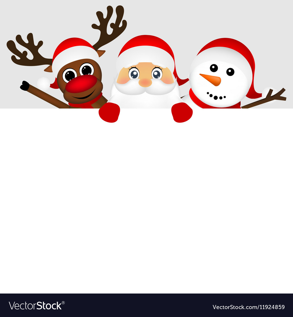 Santa claus with snowman and reindeer peeking out Vector Image