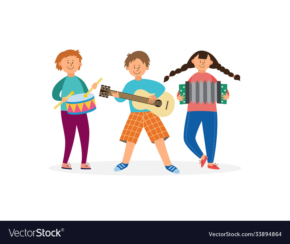 Children characters play musical instruments flat