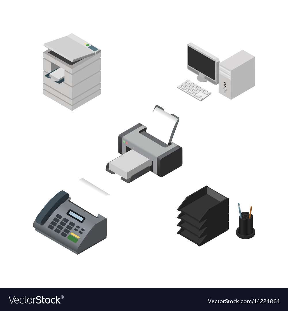 Isometric business set printing machine desk Vector Image