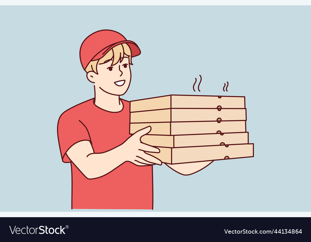 Smiling deliveryman with pizza boxes