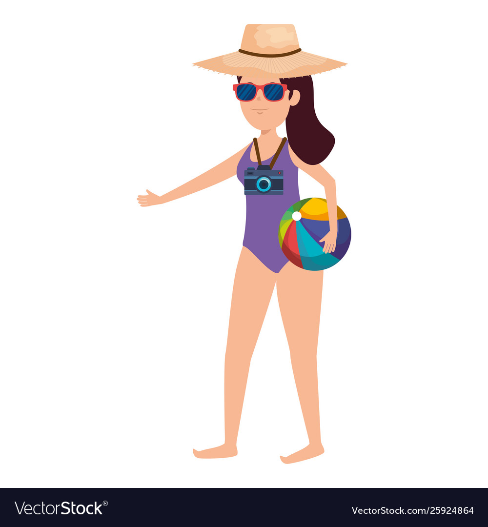Junge Frau mit Strohhut und Ballon Strand vector image Junge Frau mit Strohhut und Ballon Strand