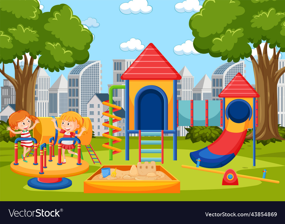 Children playing in front of school playground Vector Image