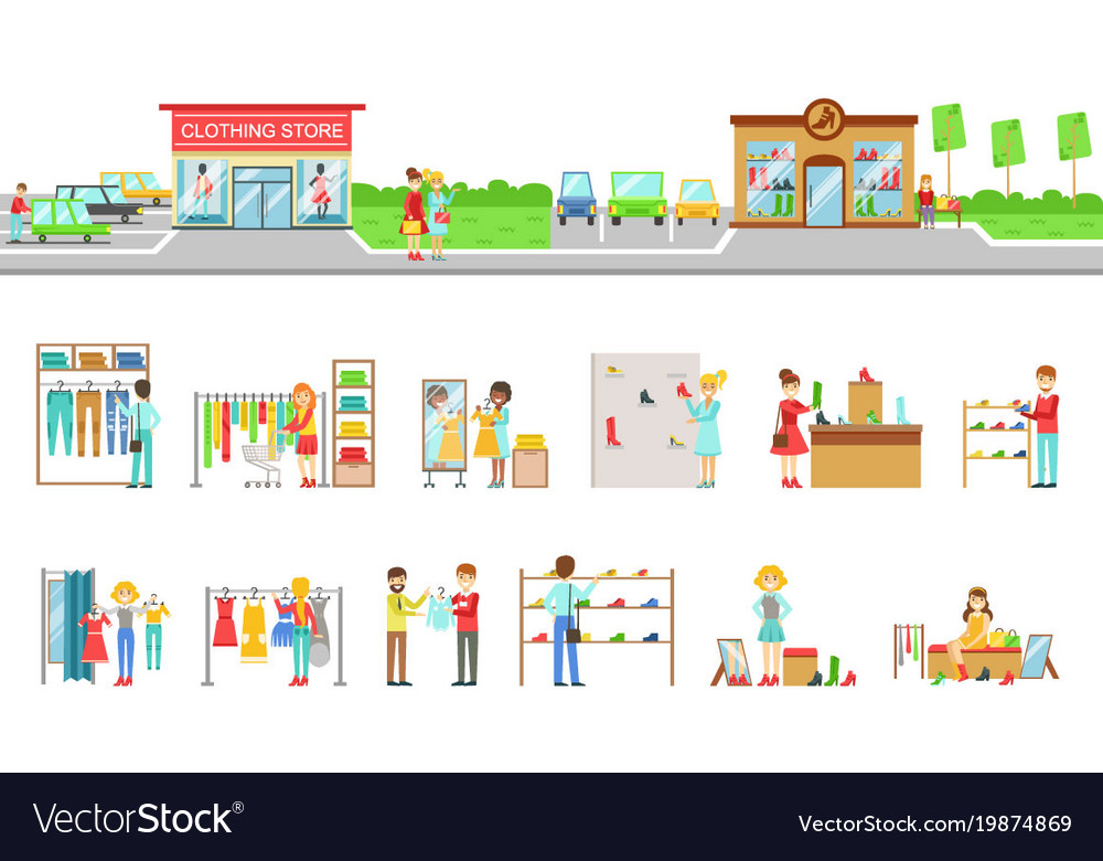 Clothing store exterior and people shopping set