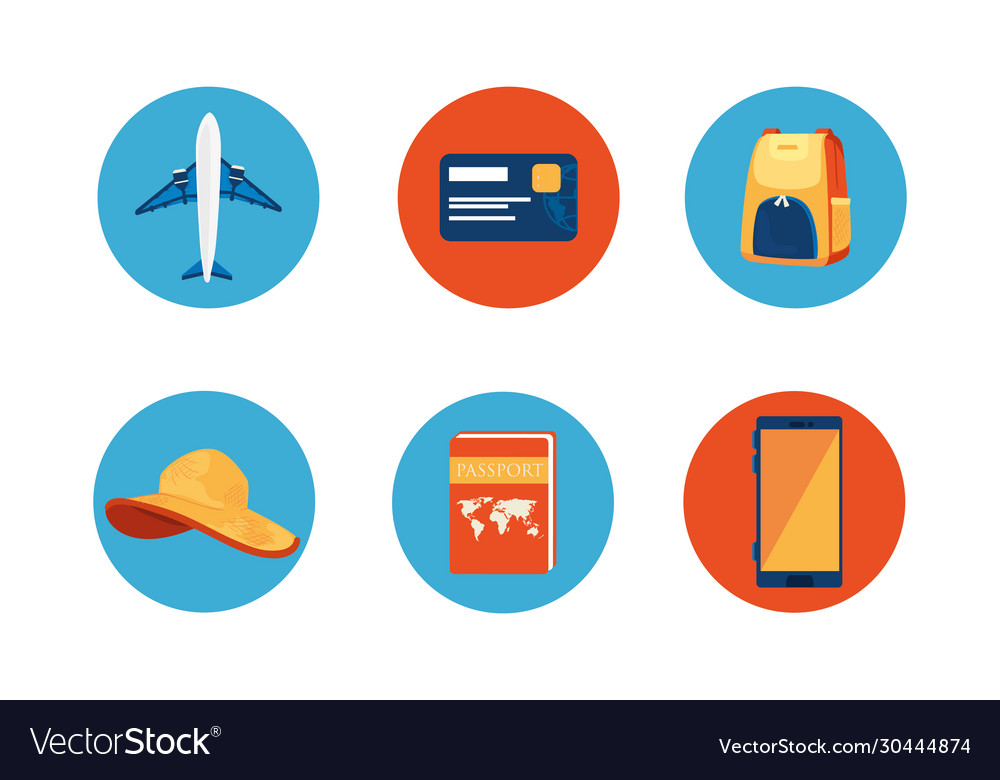 Airplane with set icons in frames circular vector image Airplane with set icons in frames circular