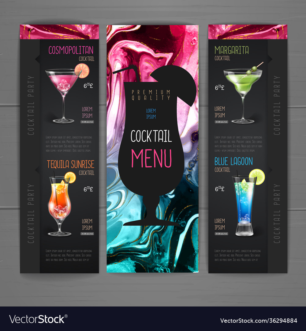 Cocktail menu design with alcohol ink texture Vector Image