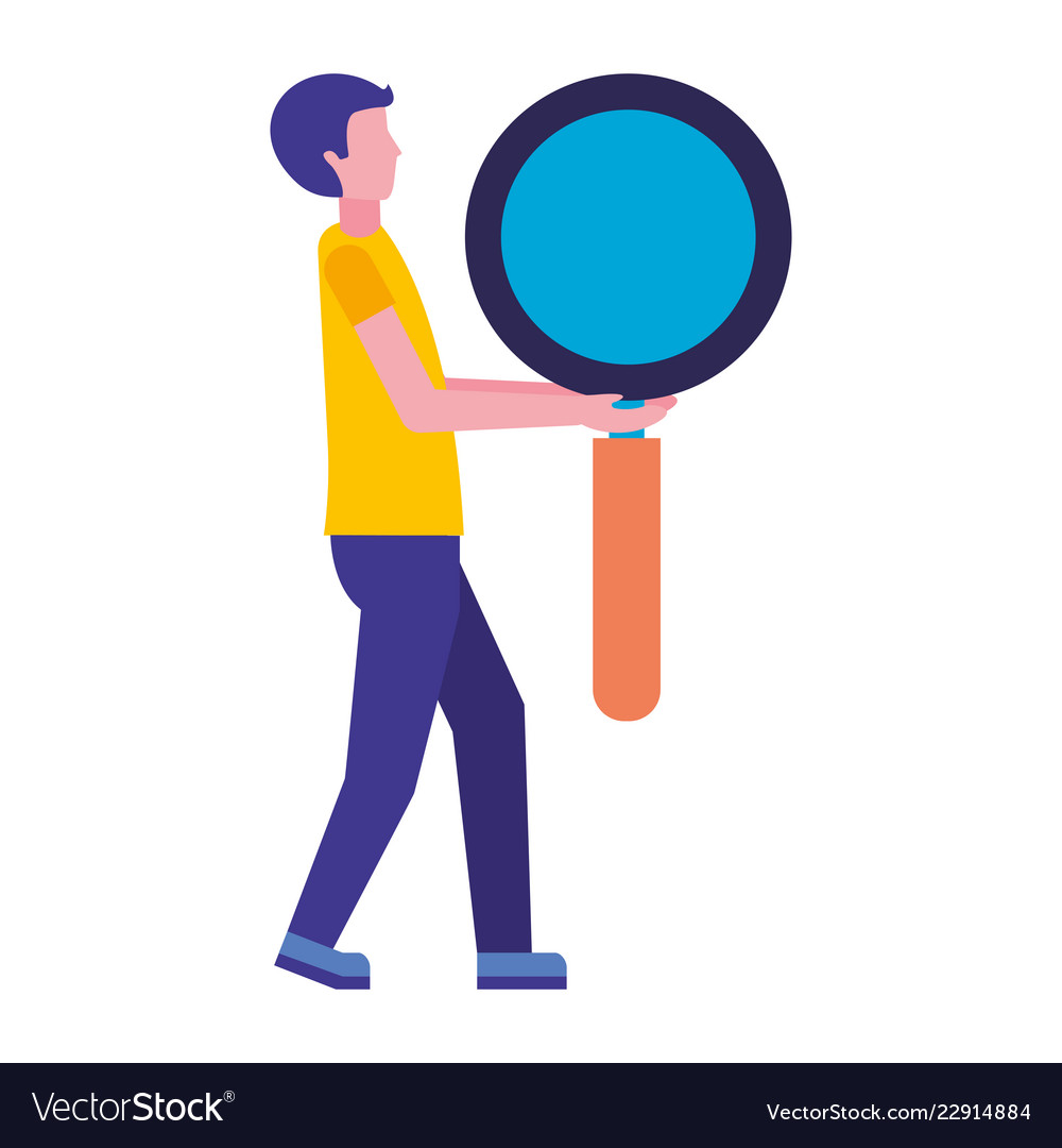 Man holding big magnifying glass Royalty Free Vector Image