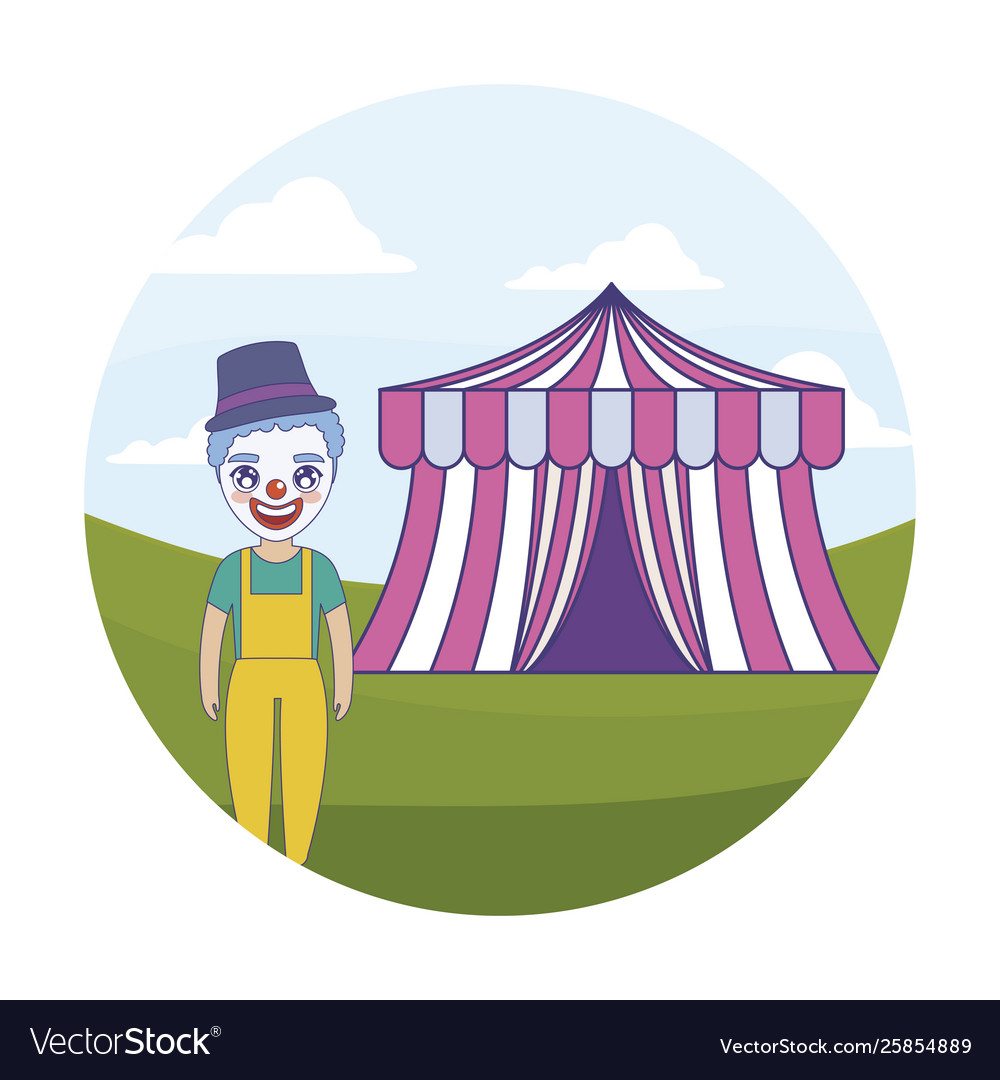 Clown with tent circus in frame circular