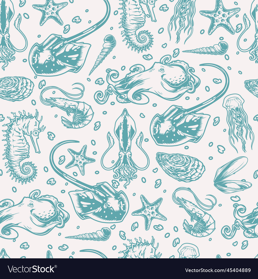 Sea animals pattern seamless monochrome Royalty Free Vector