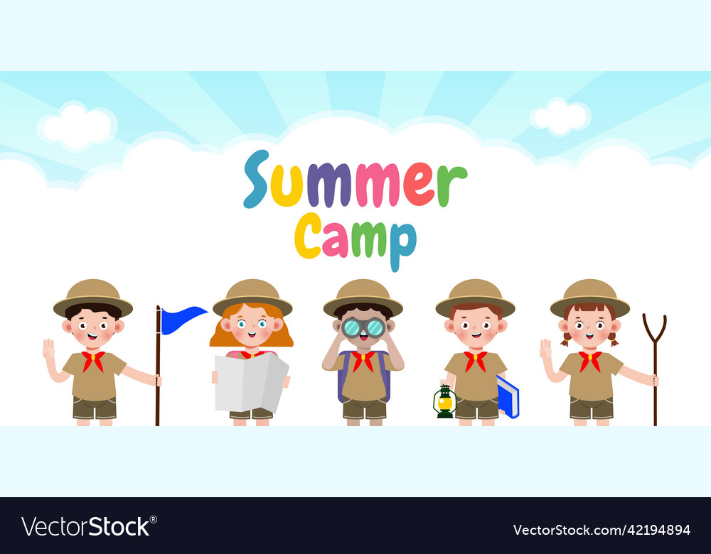 Summer camp kids wear scout honor uniform banner Vector Image