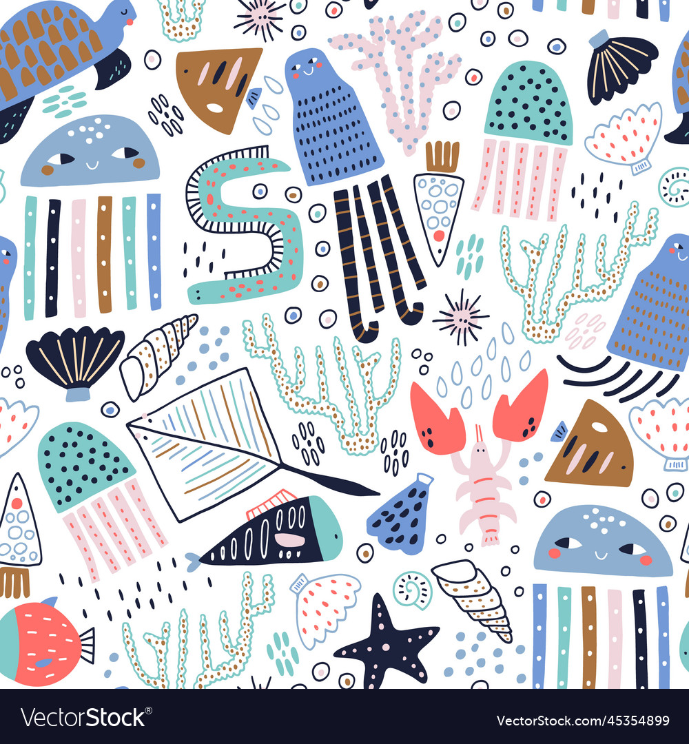 Seamless pattern with cute marine inhabitants