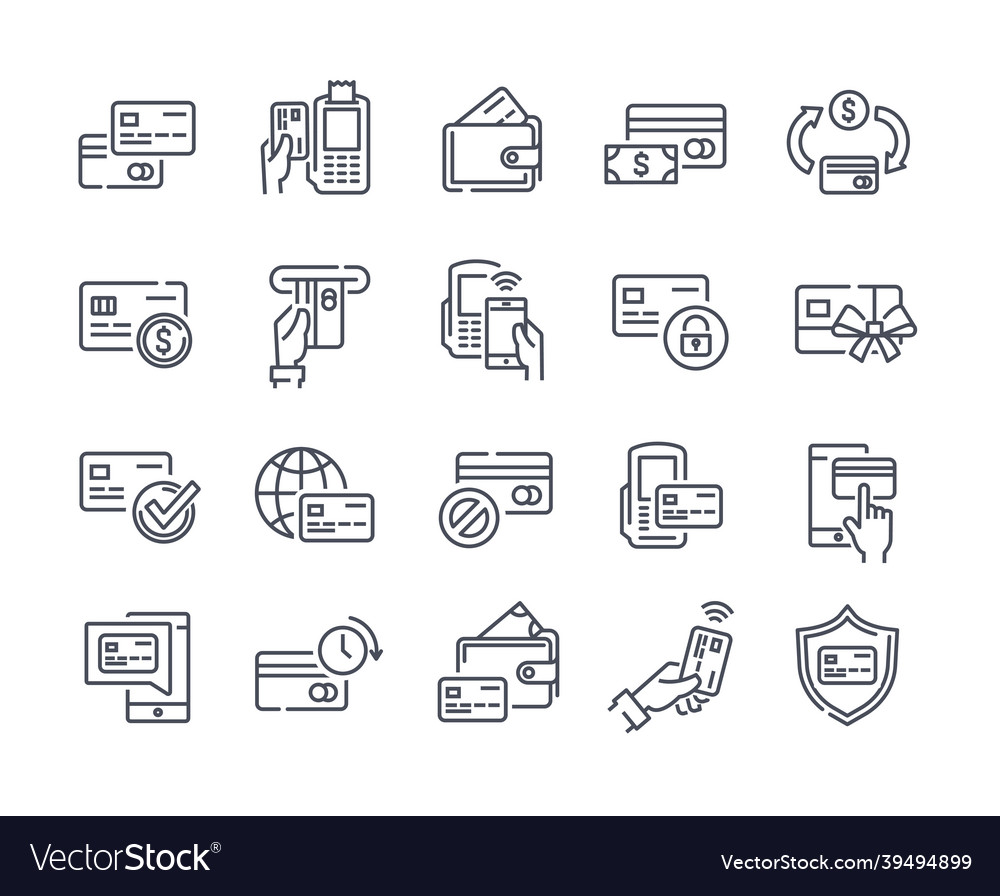 Set of credit card related linear icons on white