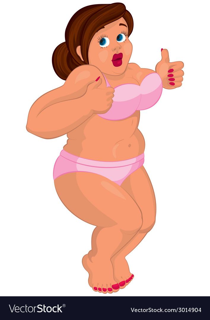 Cartoon young fat woman in pink underwear jumping Vector Image